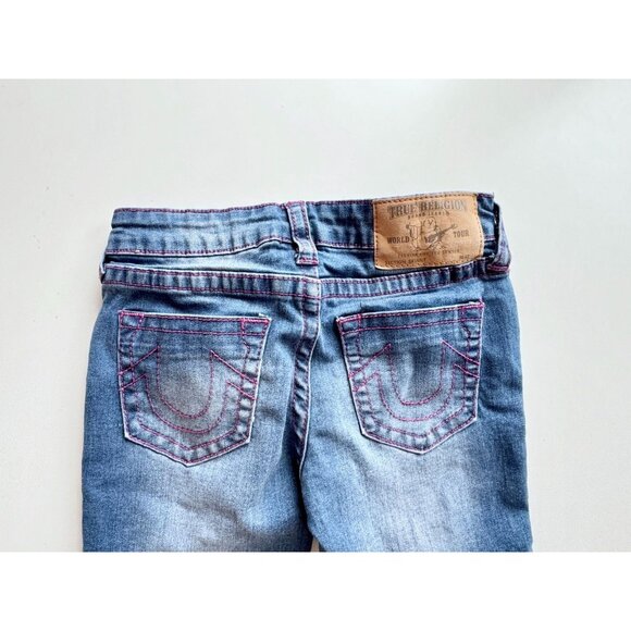 Girls' TRUE RELIGION Floral Patch Medium Dark Rinse Skinny Jeans, Size 6X - Picture 8 of 16